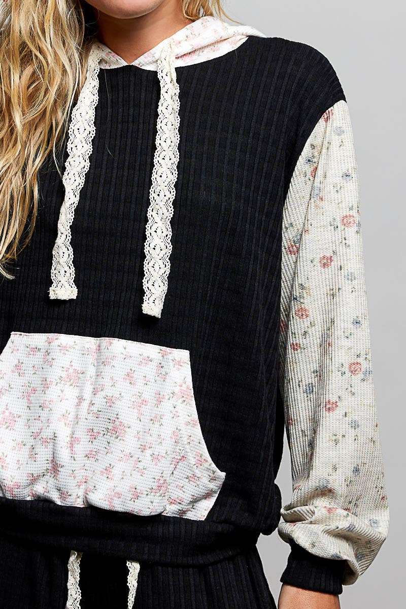Kangaroo Pocket Mixed Knit Contrast Sleeve Hooded Pullover
