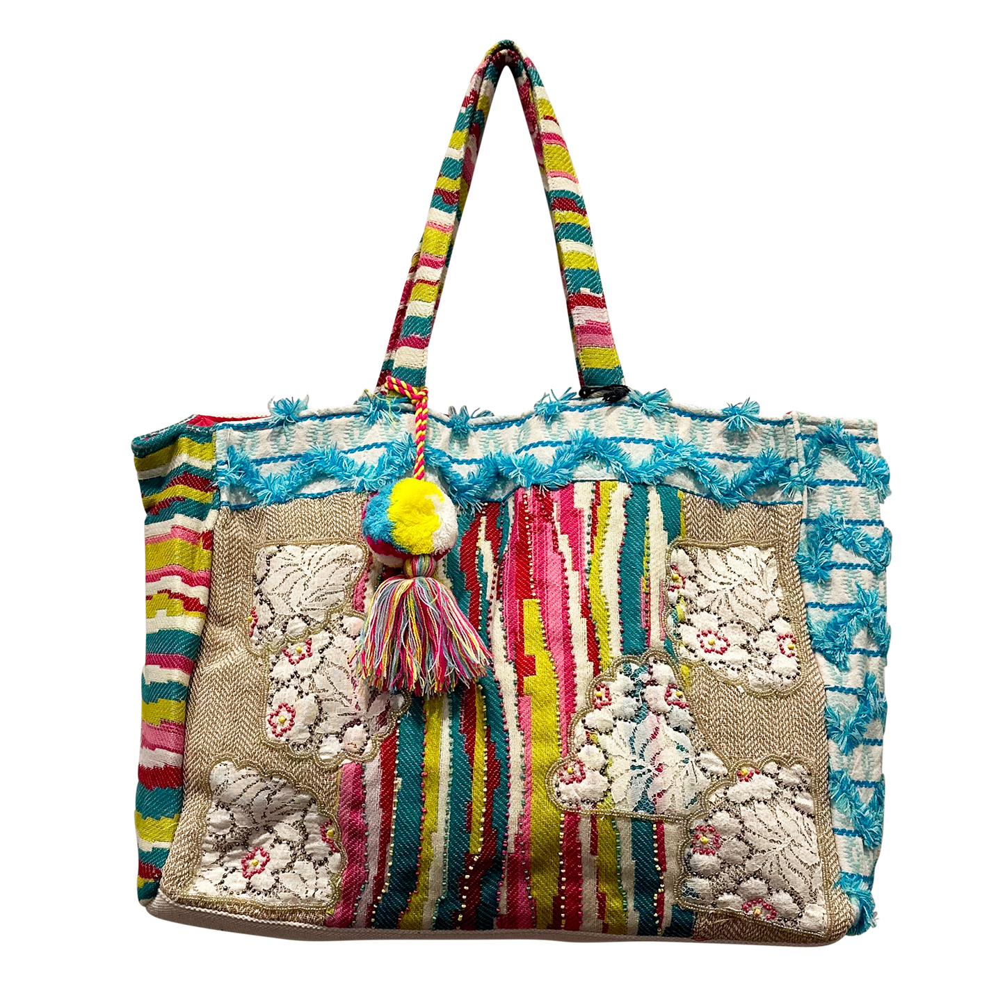 Embroidered Floral w/ Puffed Turquoise Fringe Tote