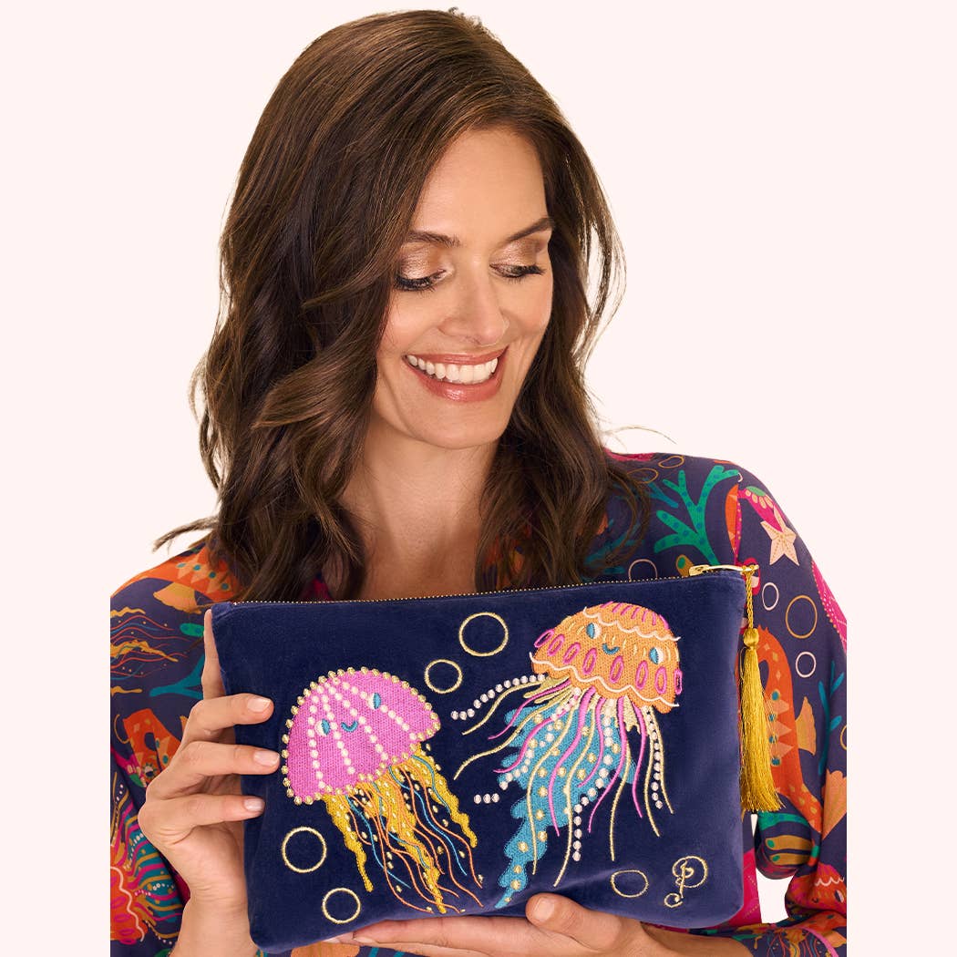 Velvet Zip Pouch - Jolly Jellies - Navy