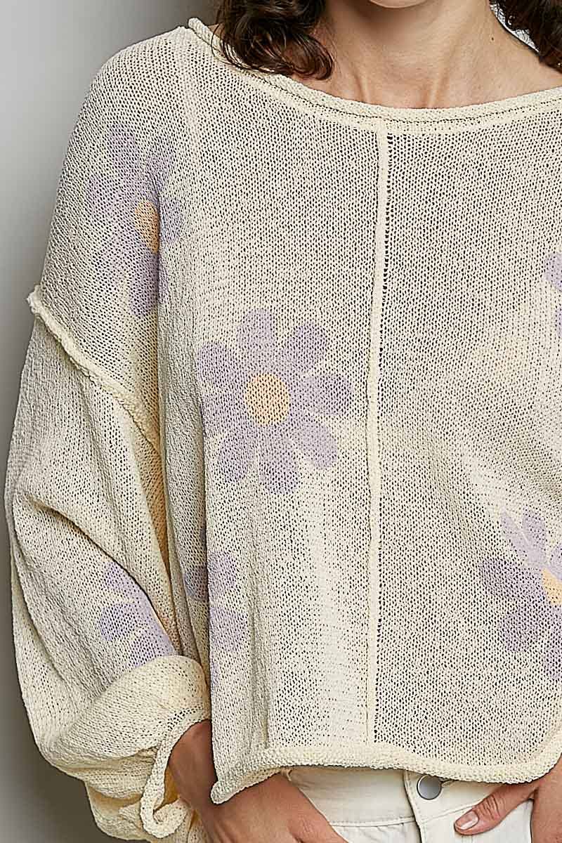 Round Neck Balloon Sleeve Floral Print Thin Sweater