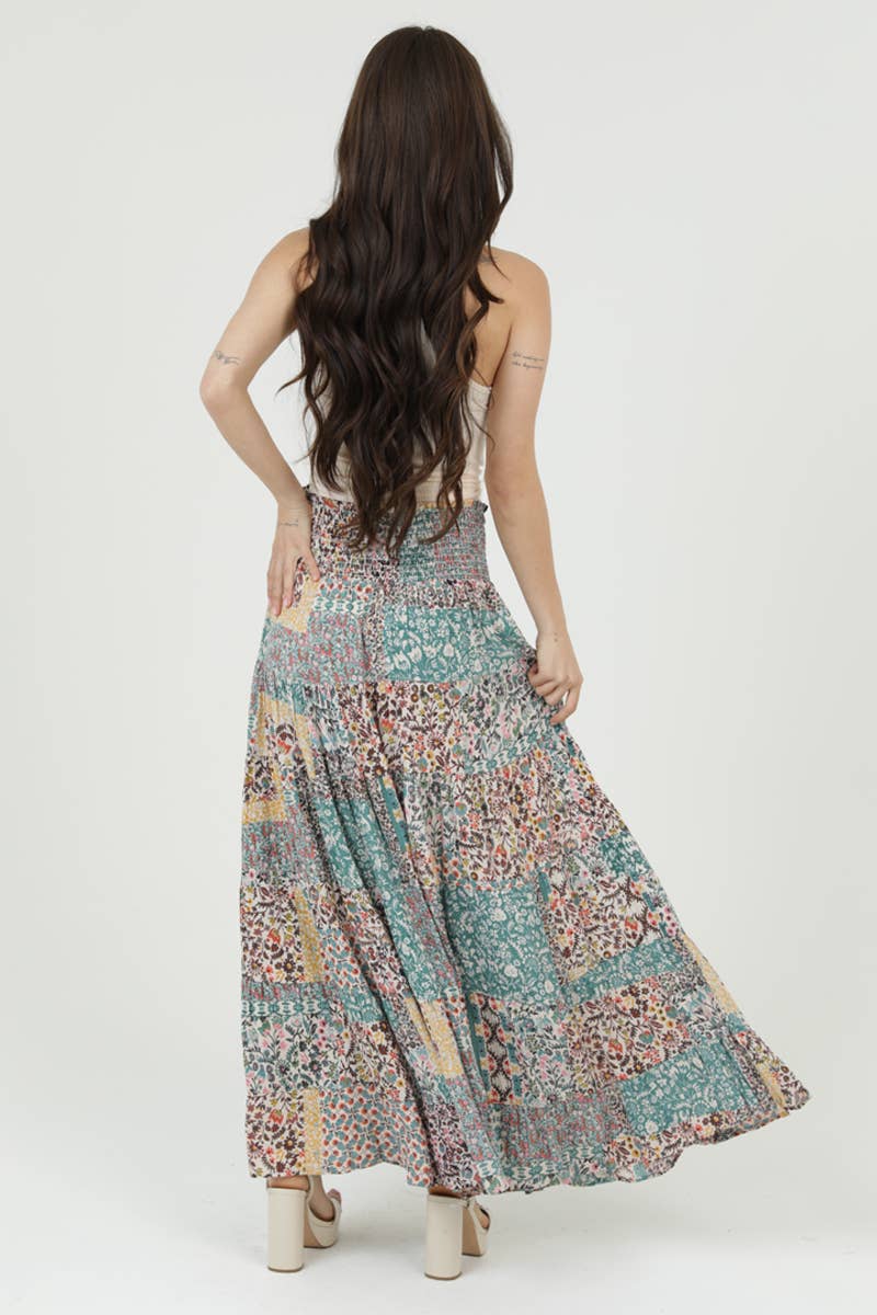 SMOCKED WAISTBAND PATCHWORK PRINT A LINE TIERED