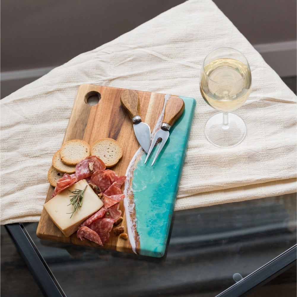 SMALL ACACIA CHEESE BOARD IN OCEAN VIBES