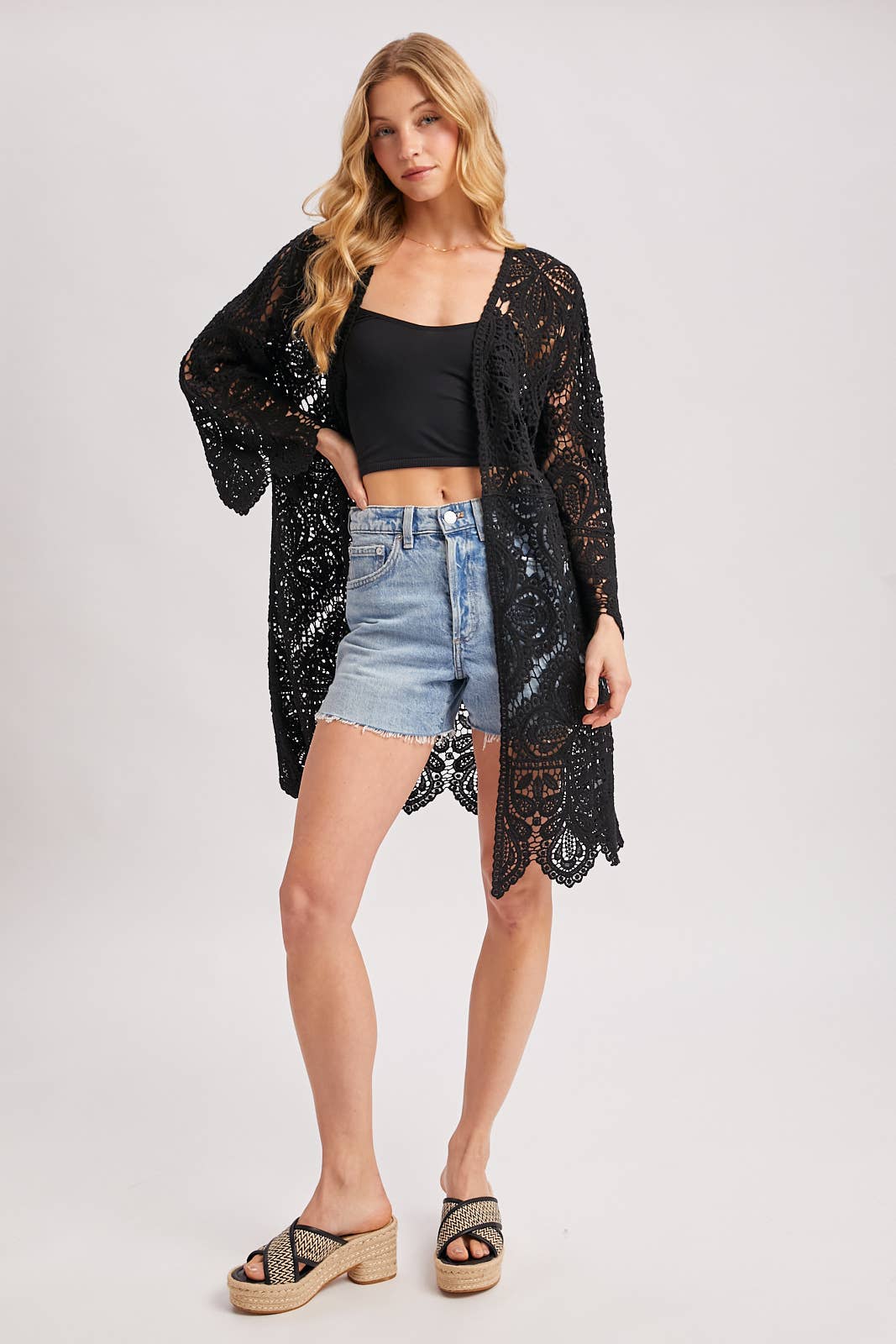 CROCHET OPEN FRONT BELL SLEEVED CARDIGAN