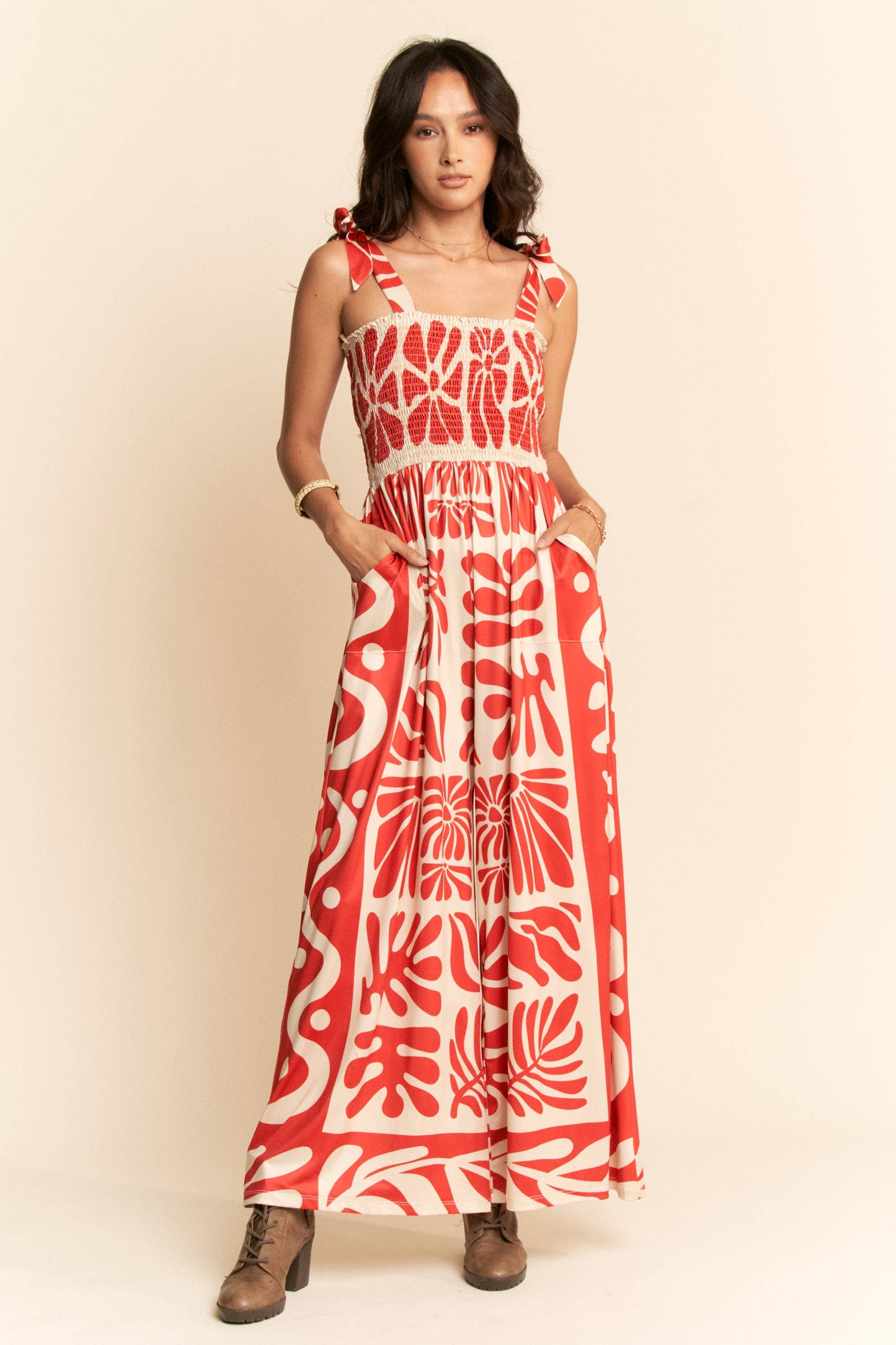 RETRO GEO FLORAL POSITION PRINTED KNIT JUMPSUIT