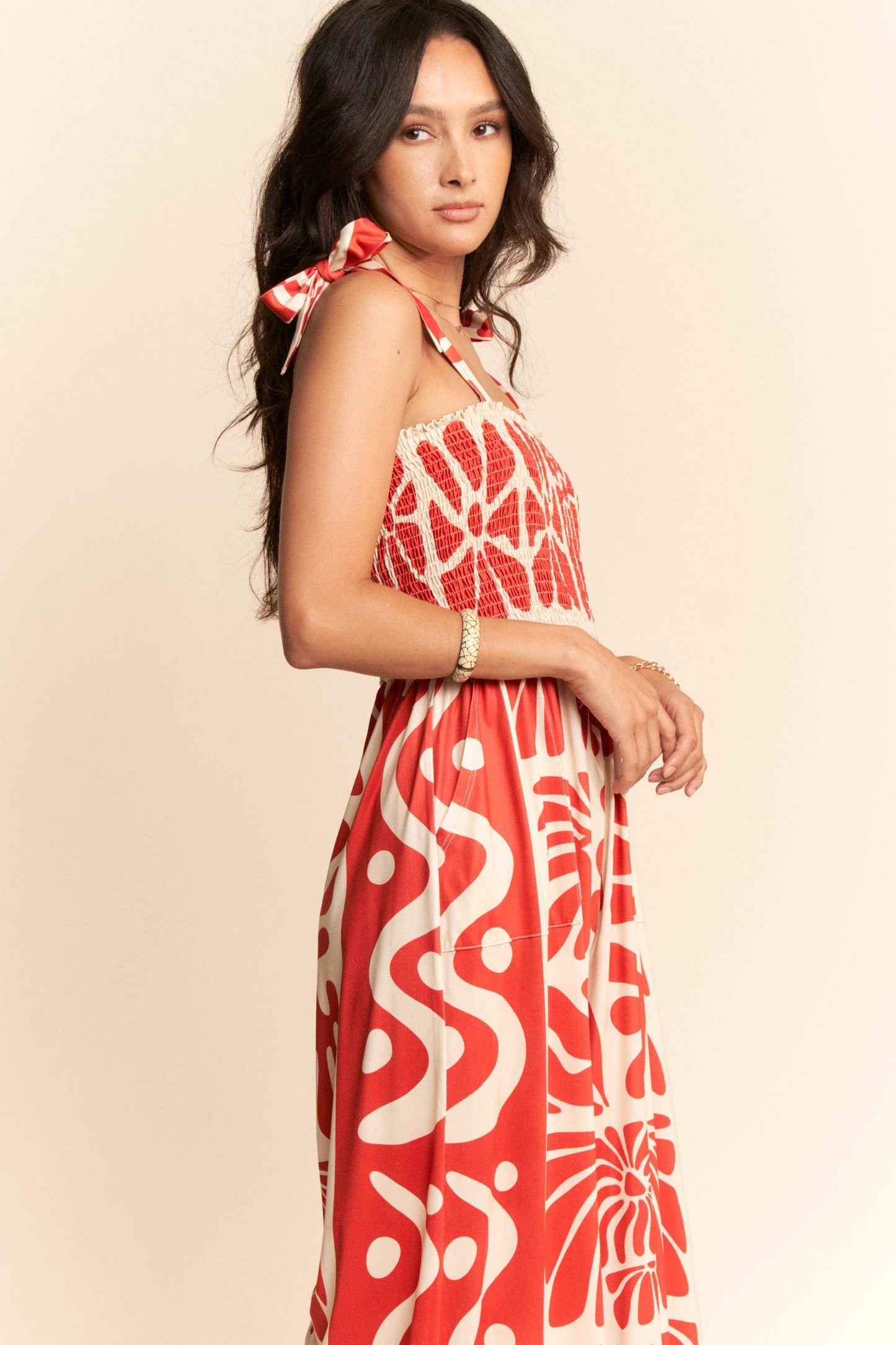 RETRO GEO FLORAL POSITION PRINTED KNIT JUMPSUIT
