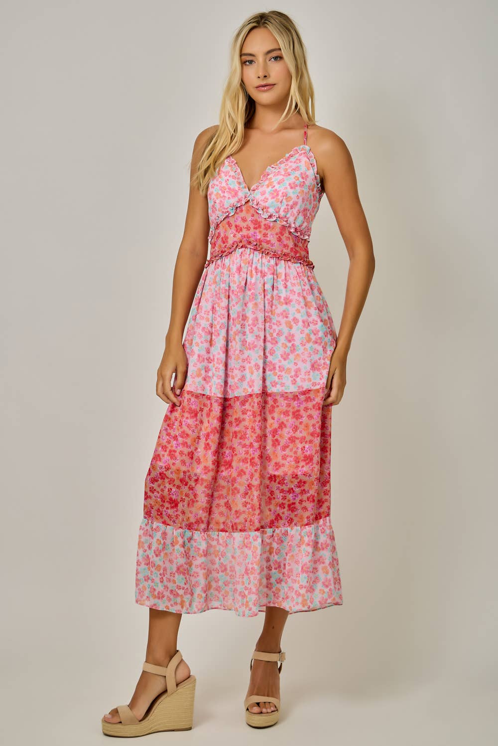 71152 Mixed Print Ruffle Detail Midi Dress