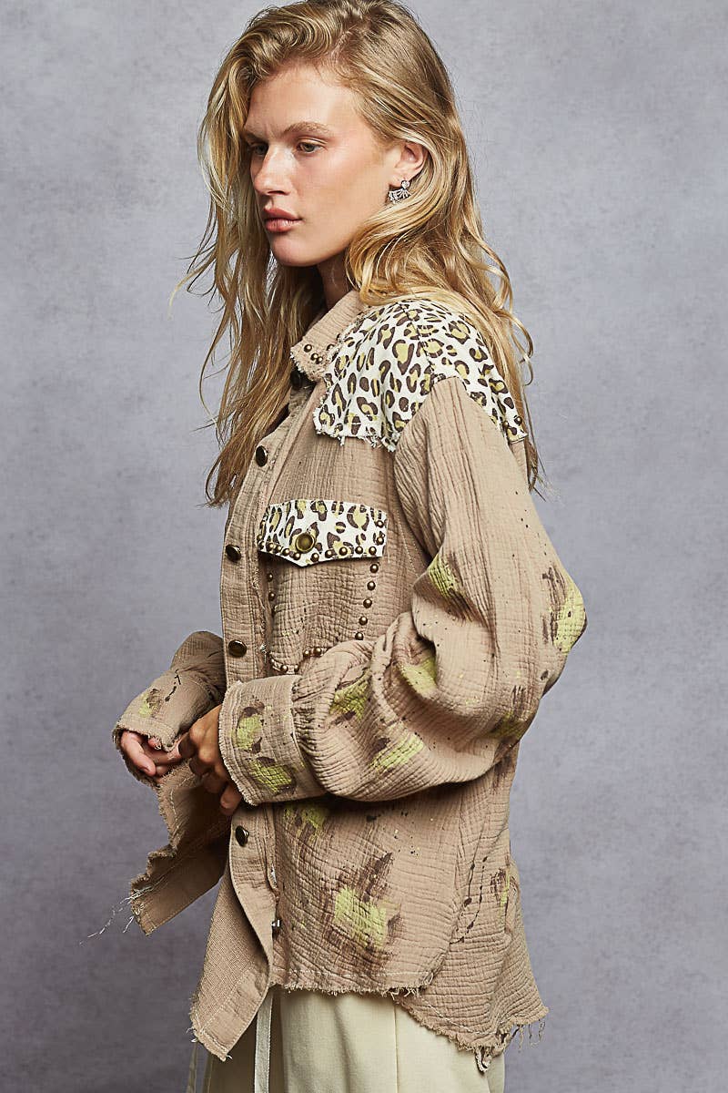 Long sleeve double gauze stud printed paint splatter shacket