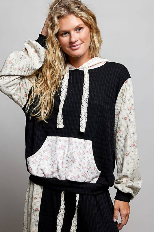 Kangaroo Pocket Mixed Knit Contrast Sleeve Hooded Pullover