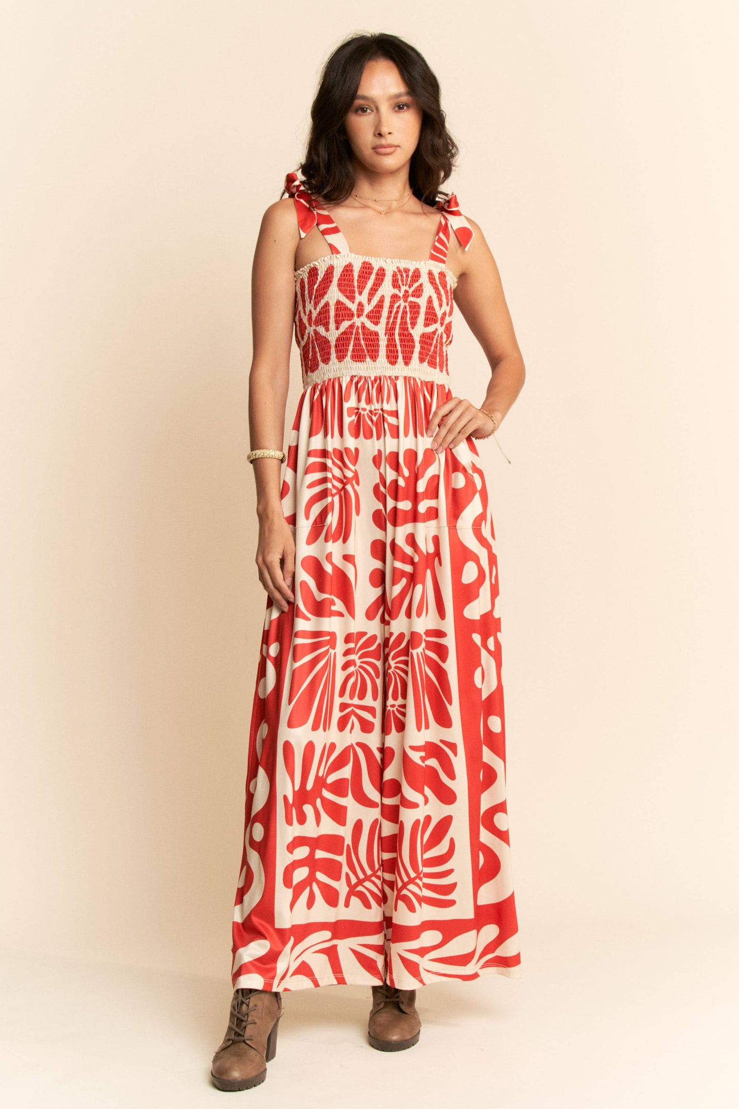 RETRO GEO FLORAL POSITION PRINTED KNIT JUMPSUIT