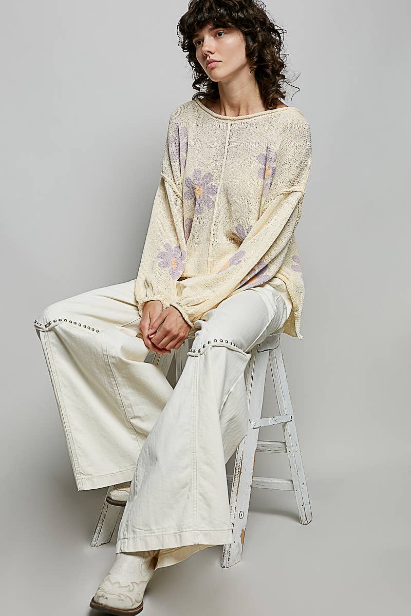 Round Neck Balloon Sleeve Floral Print Thin Sweater