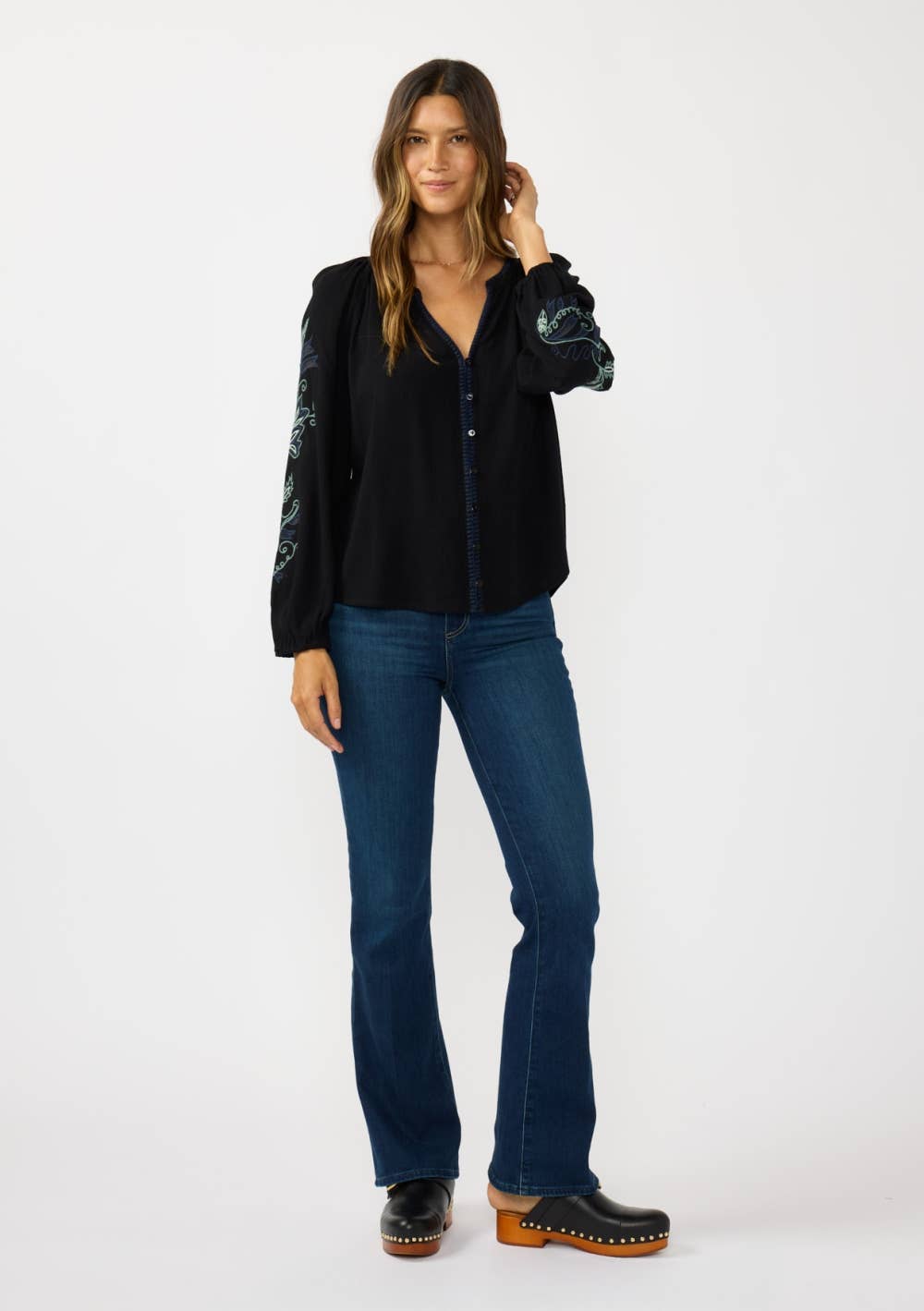 Embroidered Sleeve Button Down Blouse