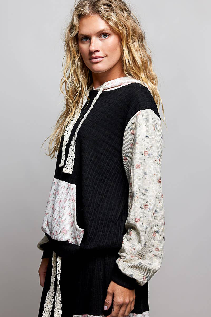 Kangaroo Pocket Mixed Knit Contrast Sleeve Hooded Pullover