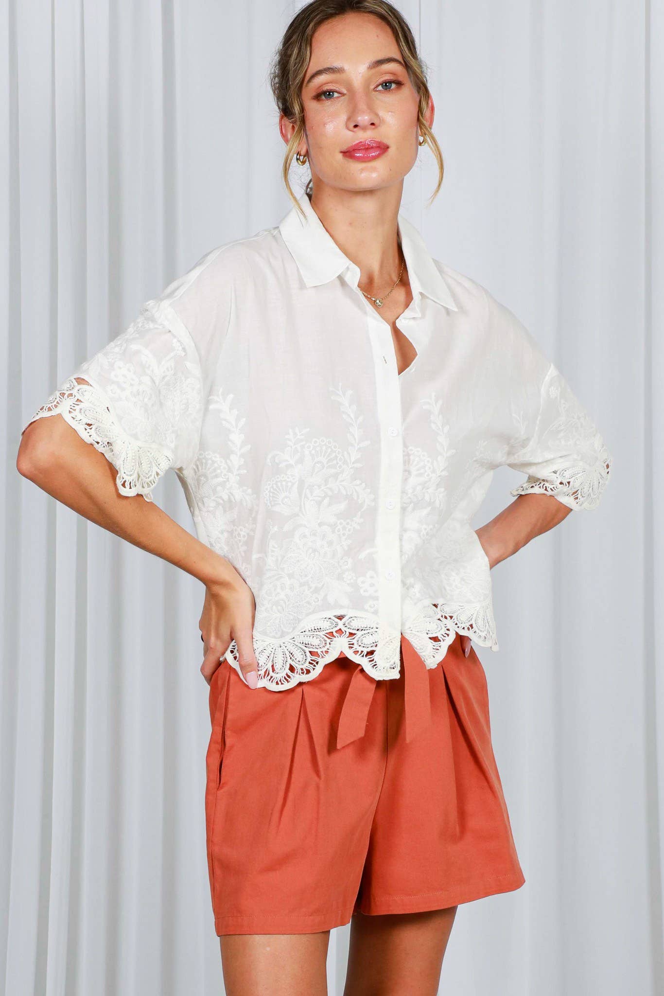 Floral Embroidered Eyelet Lace 100%Cotton Blouse