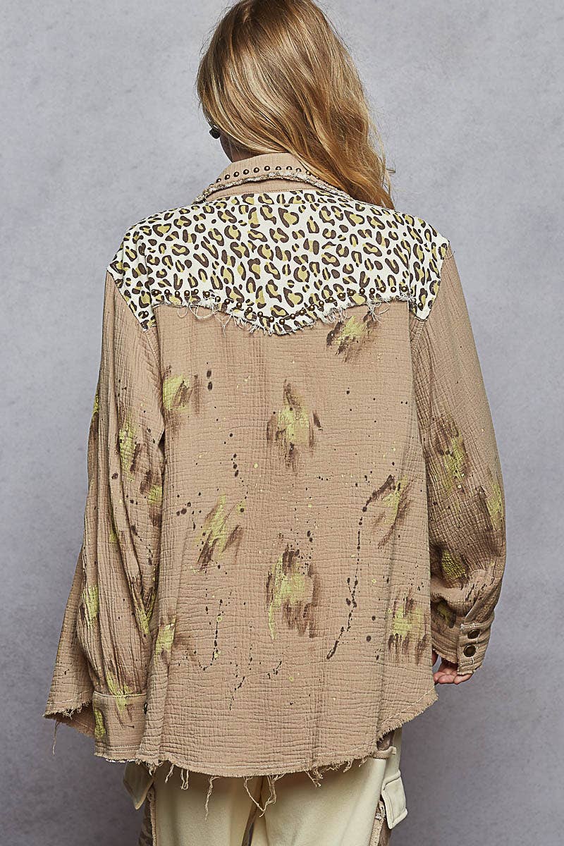 Long sleeve double gauze stud printed paint splatter shacket