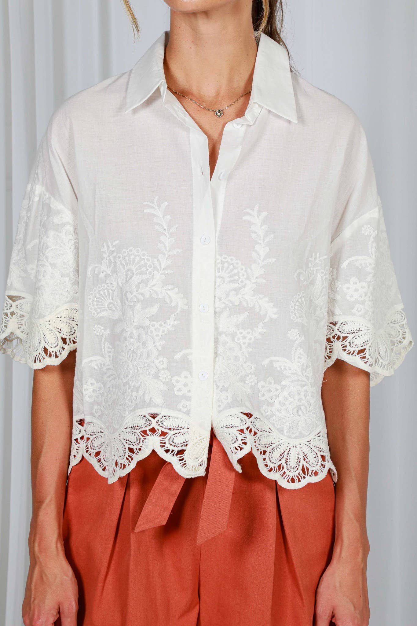 Floral Embroidered Eyelet Lace 100%Cotton Blouse