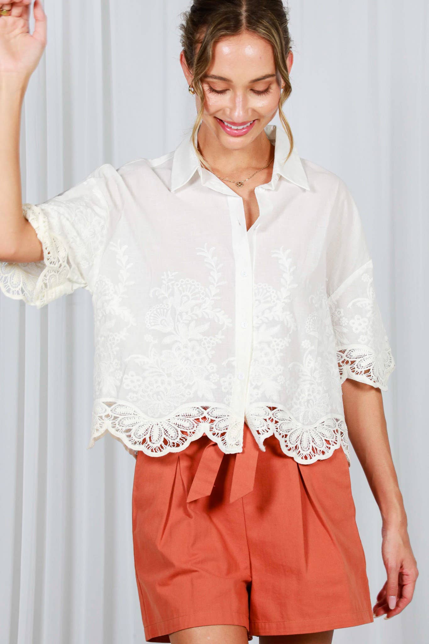 Floral Embroidered Eyelet Lace 100%Cotton Blouse