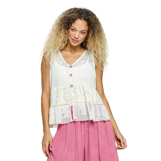 Boho Floral Knit Vest Button Up