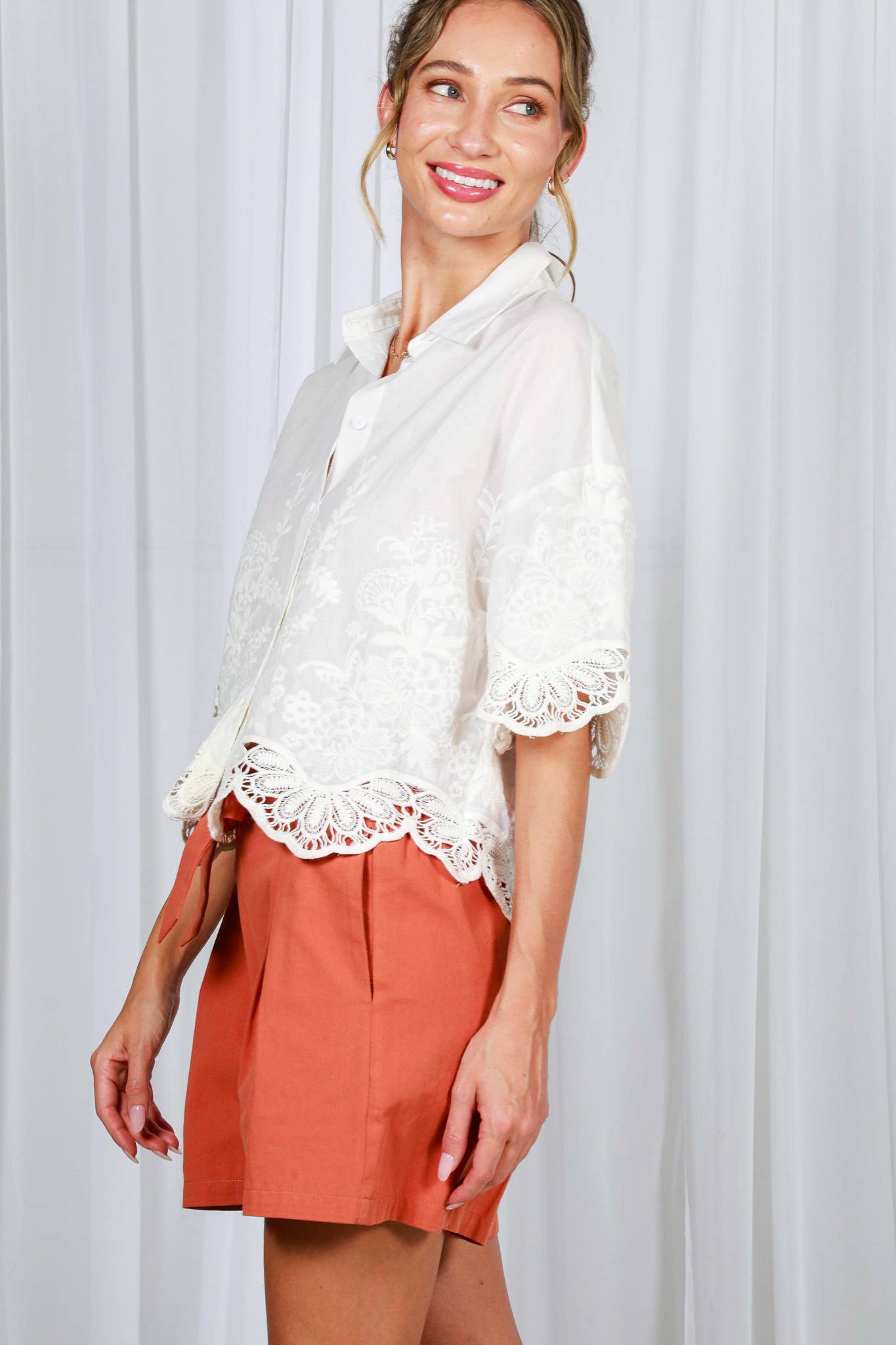Floral Embroidered Eyelet Lace 100%Cotton Blouse
