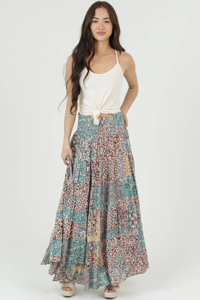 SMOCKED WAISTBAND PATCHWORK PRINT A LINE TIERED