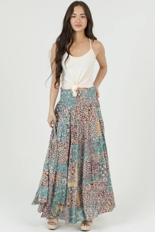 SMOCKED WAISTBAND PATCHWORK PRINT A LINE TIERED