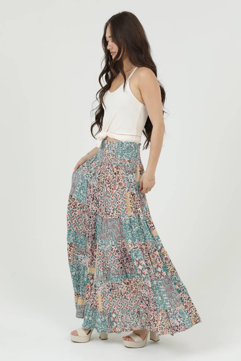 SMOCKED WAISTBAND PATCHWORK PRINT A LINE TIERED
