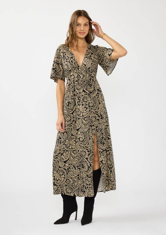V-Neck Flutter Sleeve Front Slit Maxi Dress