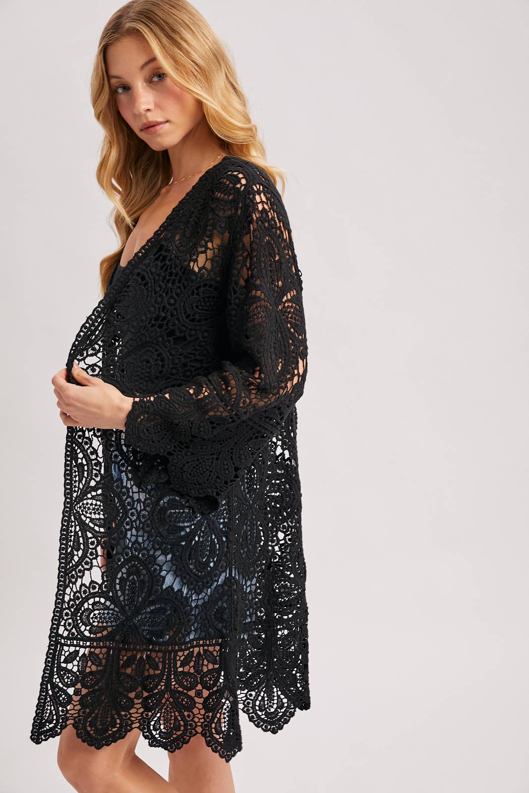 CROCHET OPEN FRONT BELL SLEEVED CARDIGAN