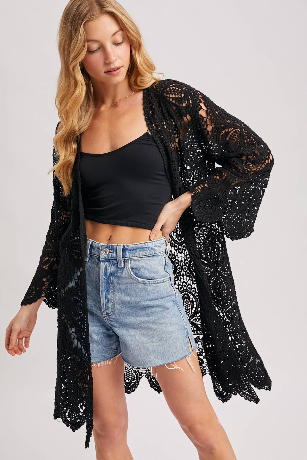 CROCHET OPEN FRONT BELL SLEEVED CARDIGAN