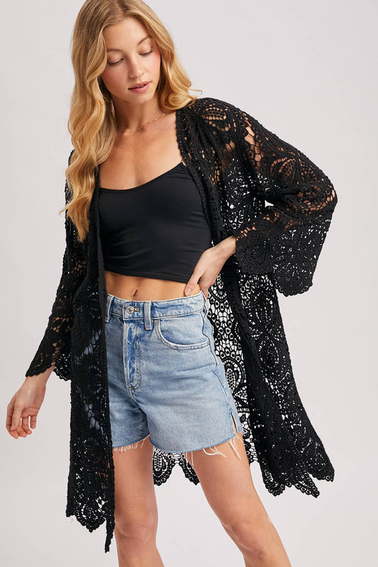 CROCHET OPEN FRONT BELL SLEEVED CARDIGAN