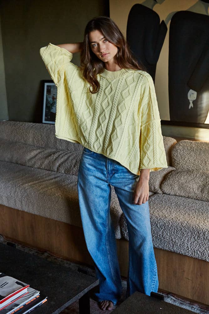 W2280 | Knit Cable Sweater Cotton 3/4 Sleeve Pullover
