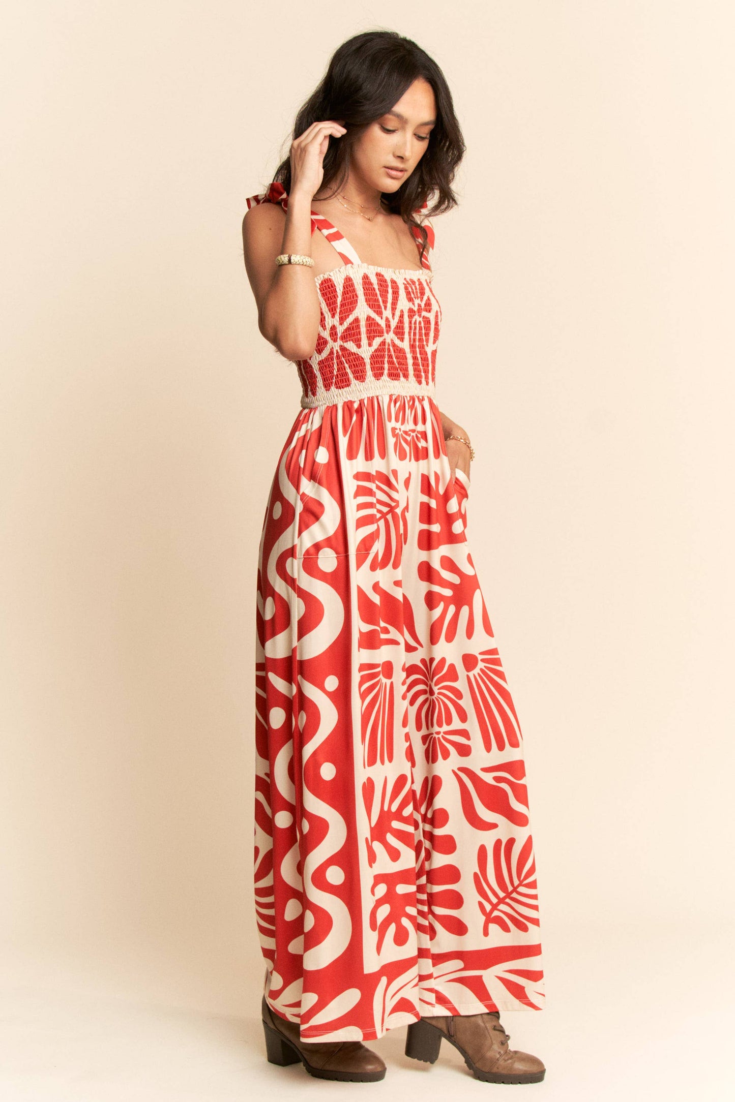 RETRO GEO FLORAL POSITION PRINTED KNIT JUMPSUIT