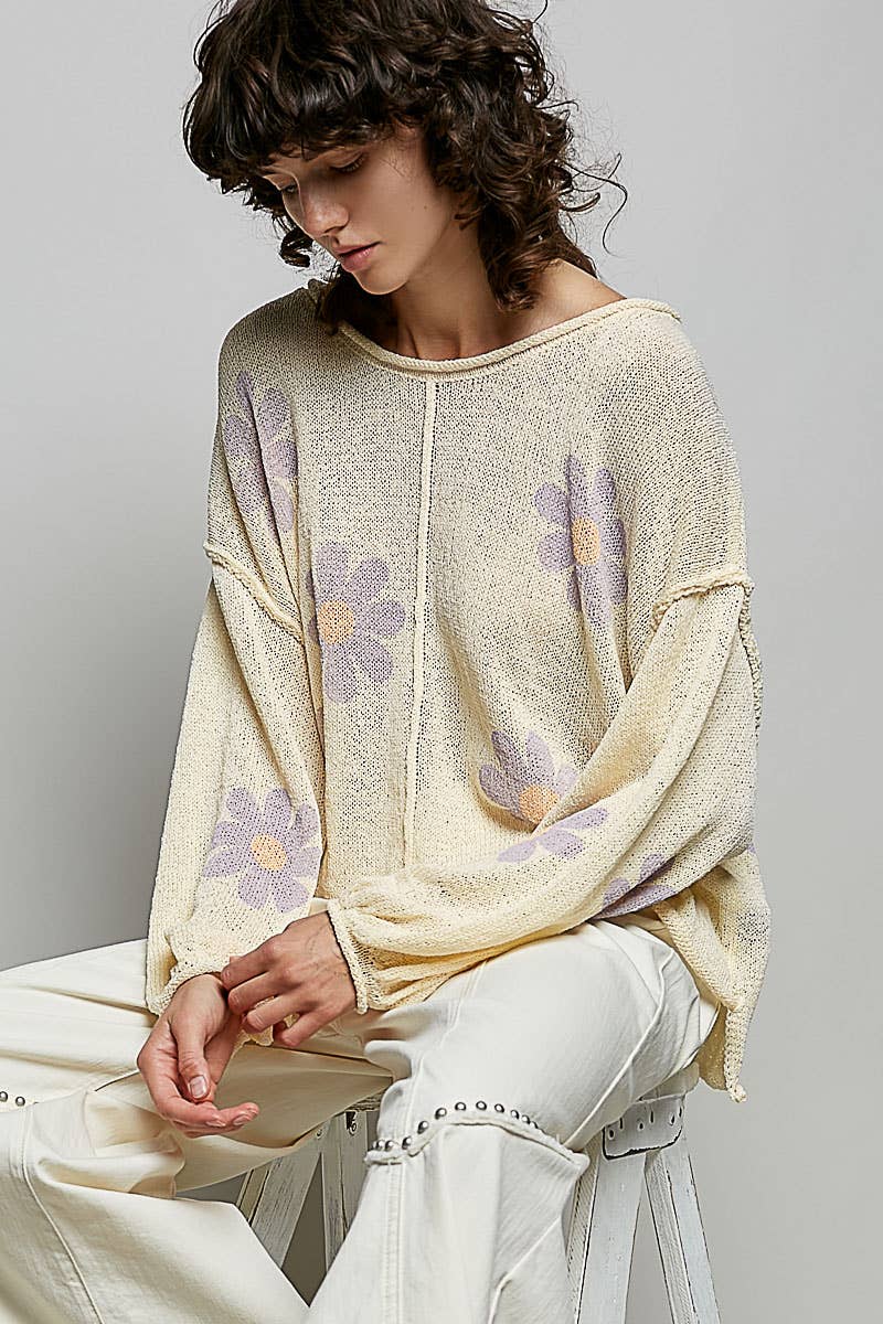 Round Neck Balloon Sleeve Floral Print Thin Sweater