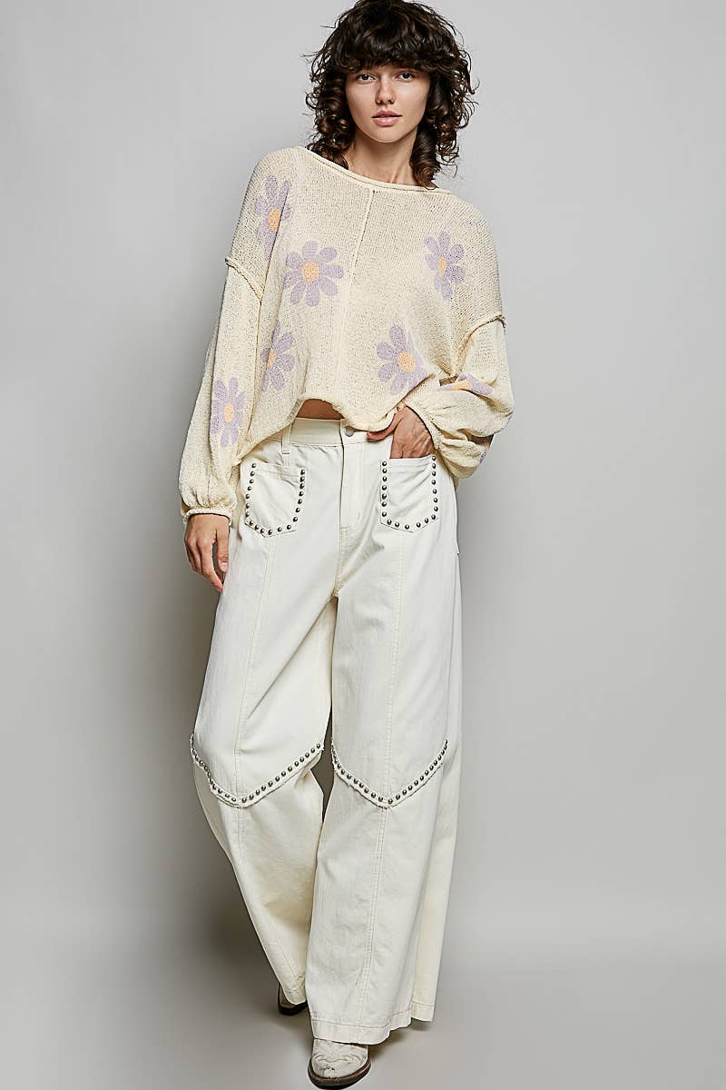 Round Neck Balloon Sleeve Floral Print Thin Sweater