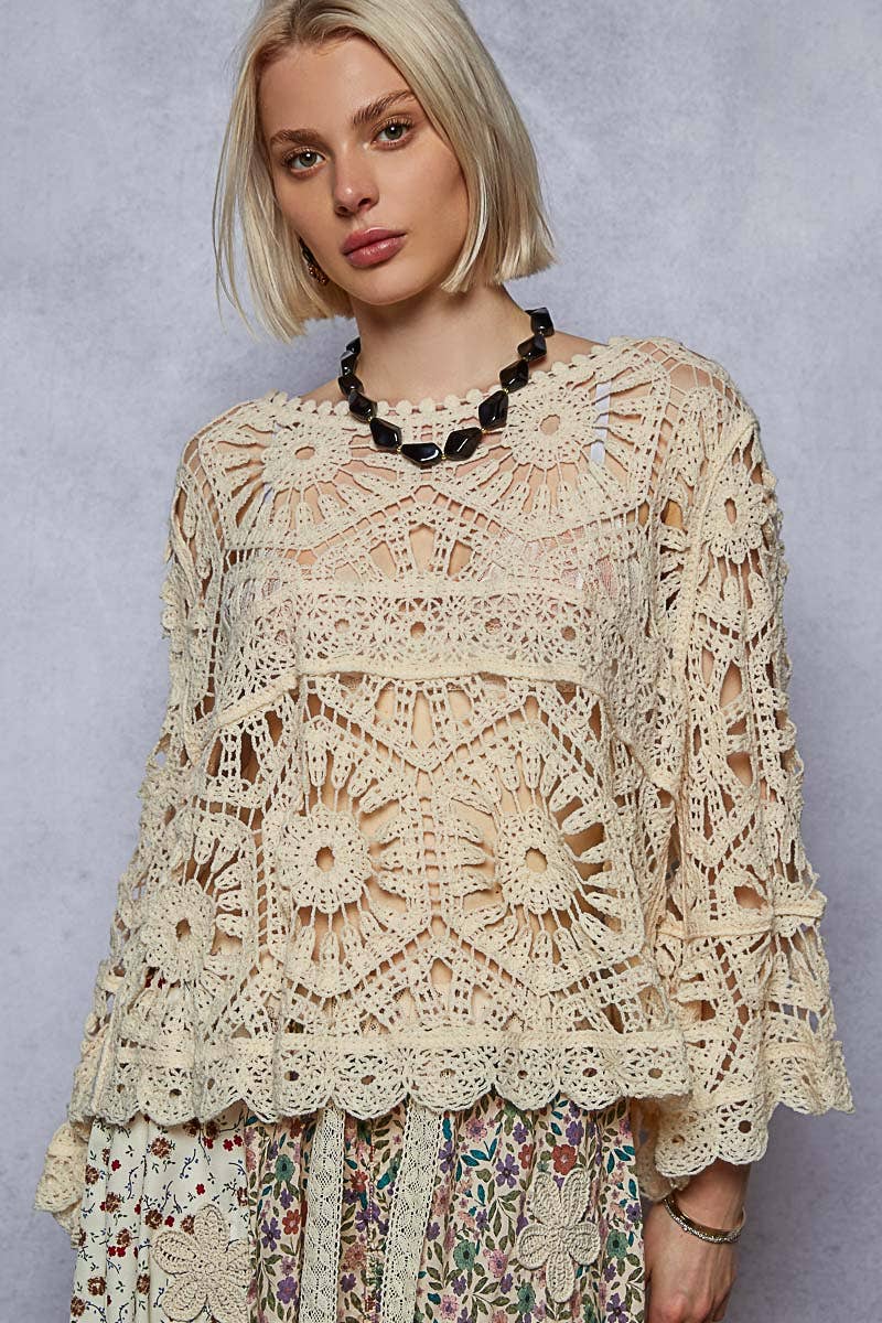 Round Neck 3/4 Sleeve Crochet Cropped Top