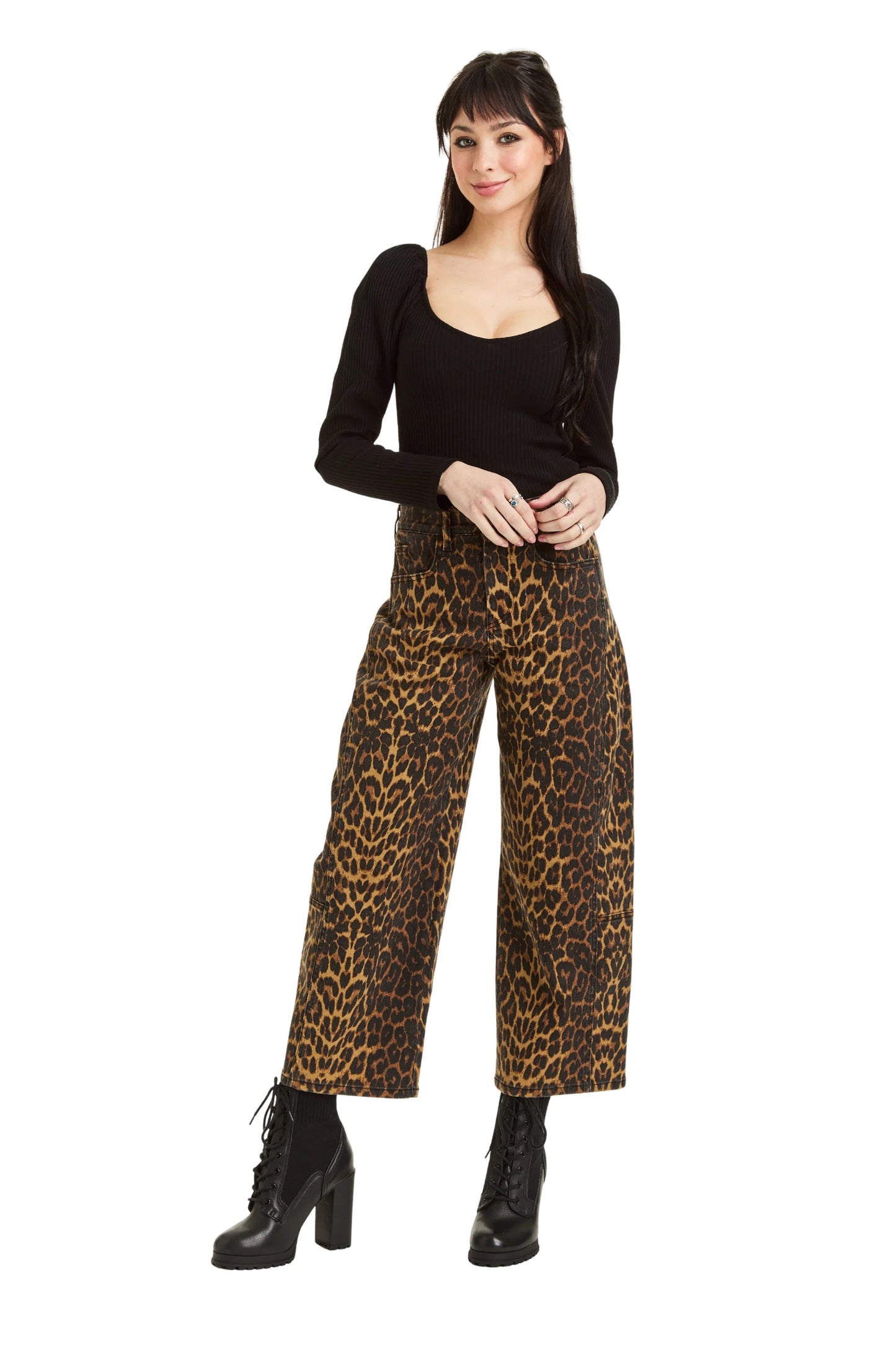 TRACTR LEOPARD PRINT BARREL CROP JEANS