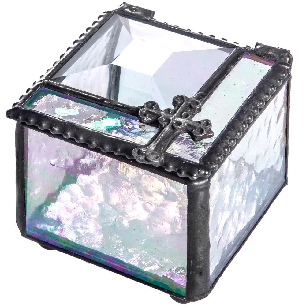 STAINED GLASS JEWELRY BOX WITH CROSS