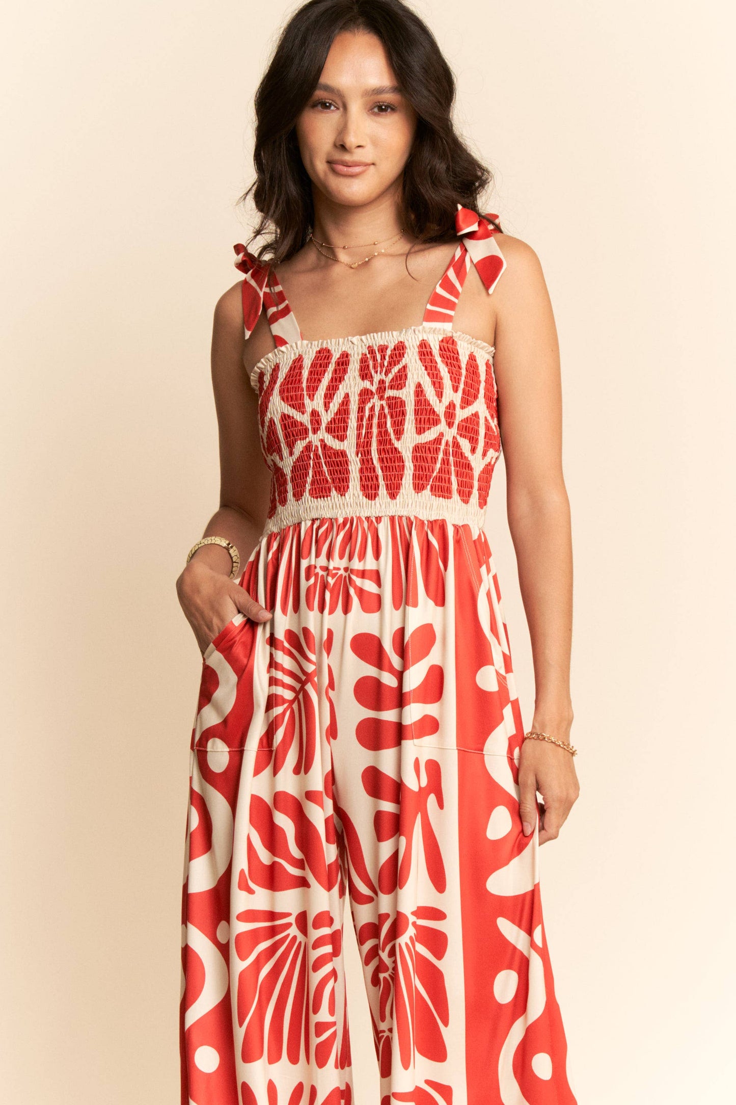 RETRO GEO FLORAL POSITION PRINTED KNIT JUMPSUIT