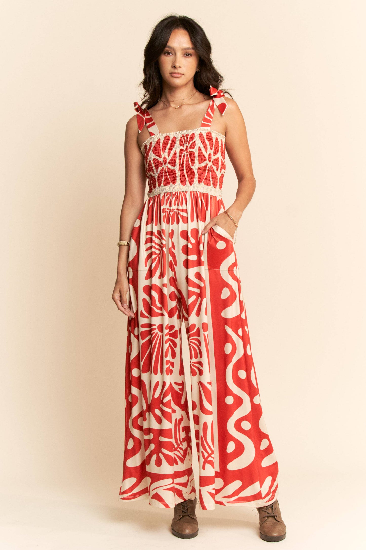 RETRO GEO FLORAL POSITION PRINTED KNIT JUMPSUIT