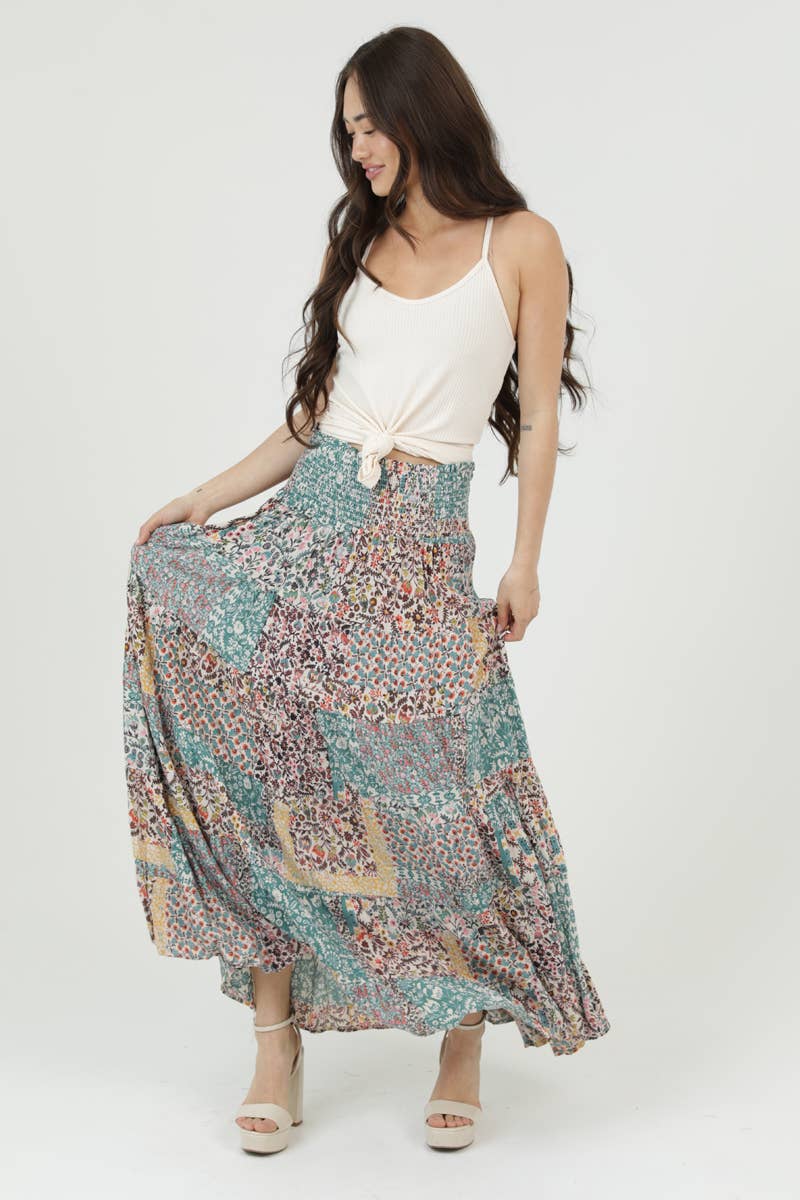 SMOCKED WAISTBAND PATCHWORK PRINT A LINE TIERED