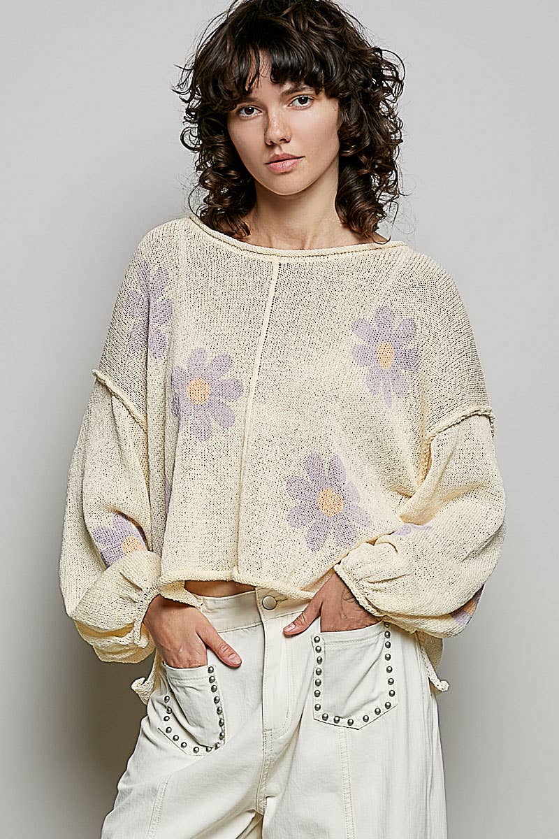 Round Neck Balloon Sleeve Floral Print Thin Sweater