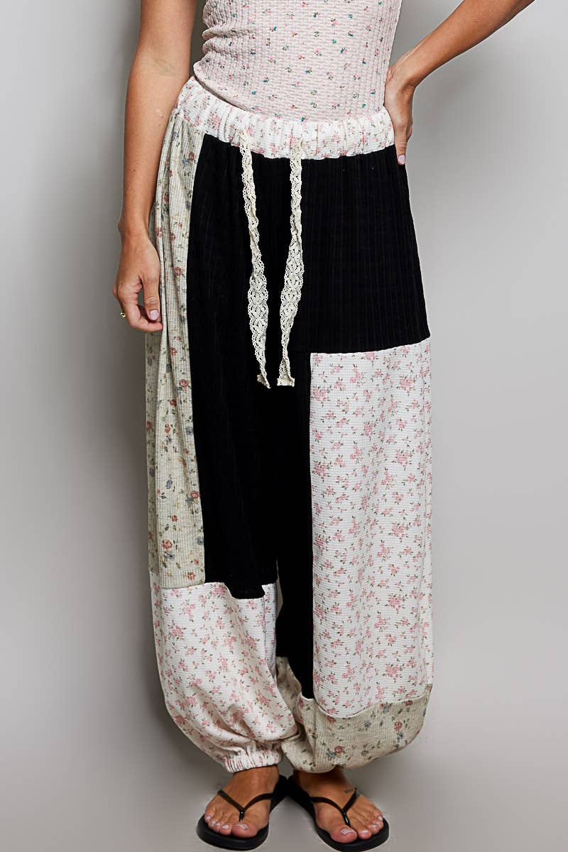 Boho Elastic Waistband Patchwork Knit Balloon Wide Leg Pants
