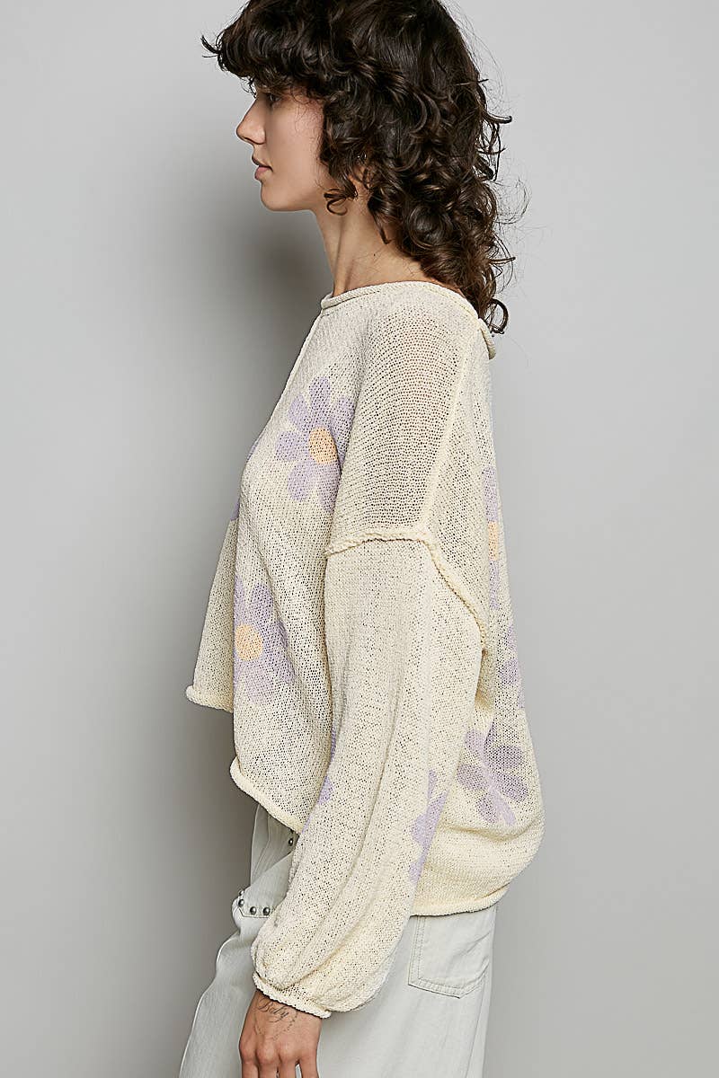 Round Neck Balloon Sleeve Floral Print Thin Sweater