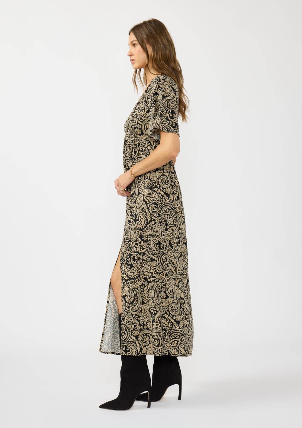 V-Neck Flutter Sleeve Front Slit Maxi Dress