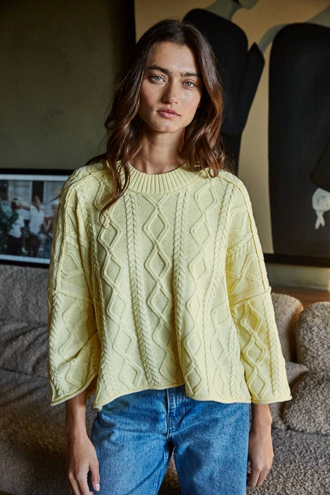 W2280 | Knit Cable Sweater Cotton 3/4 Sleeve Pullover