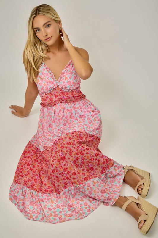 71152 Mixed Print Ruffle Detail Midi Dress