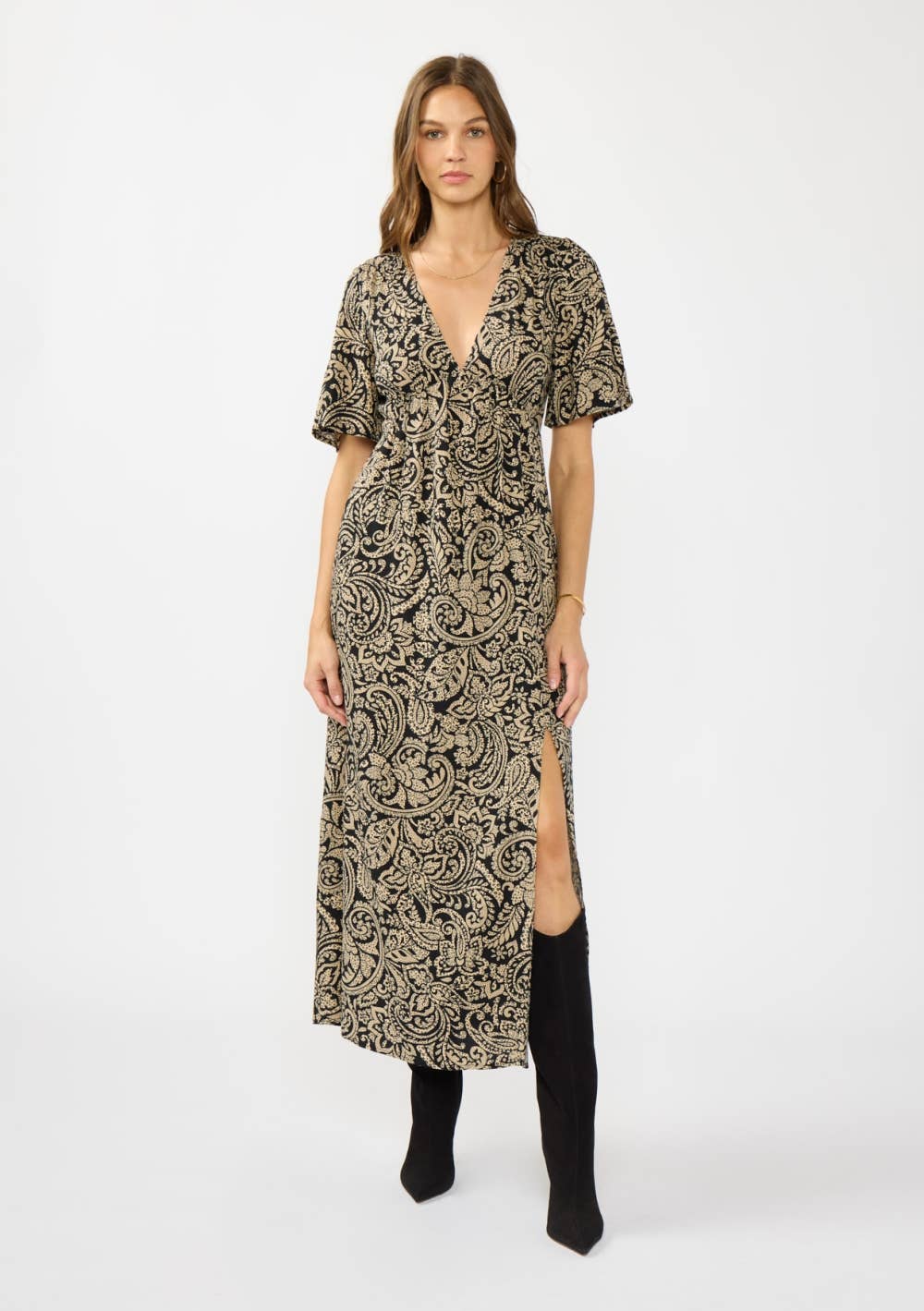 V-Neck Flutter Sleeve Front Slit Maxi Dress