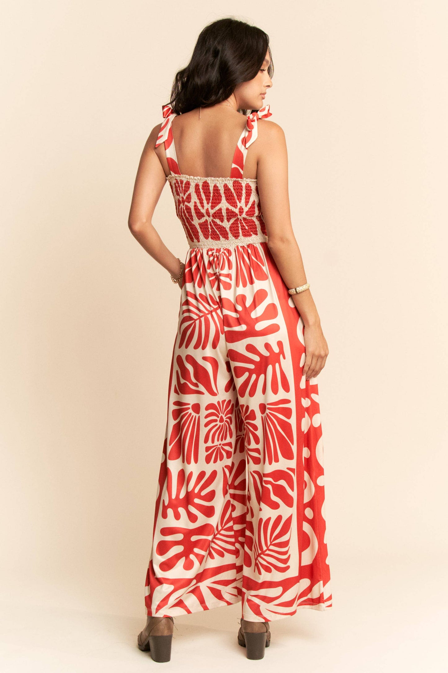RETRO GEO FLORAL POSITION PRINTED KNIT JUMPSUIT