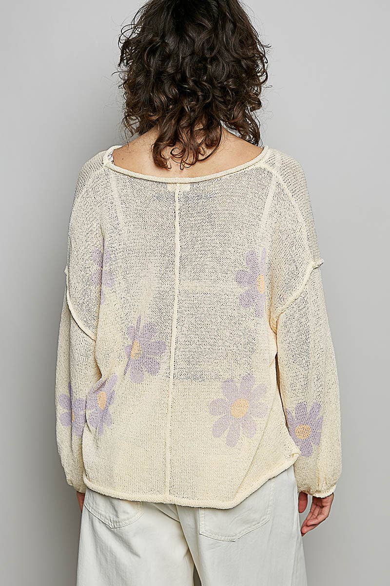 Round Neck Balloon Sleeve Floral Print Thin Sweater