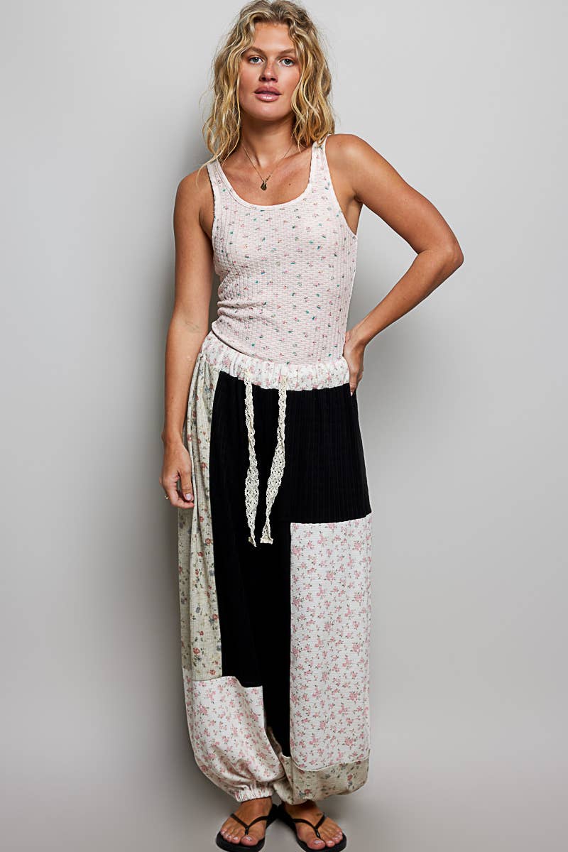 Boho Elastic Waistband Patchwork Knit Balloon Wide Leg Pants