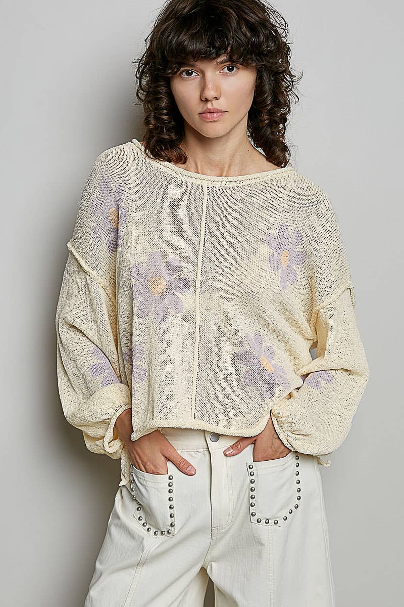 Round Neck Balloon Sleeve Floral Print Thin Sweater